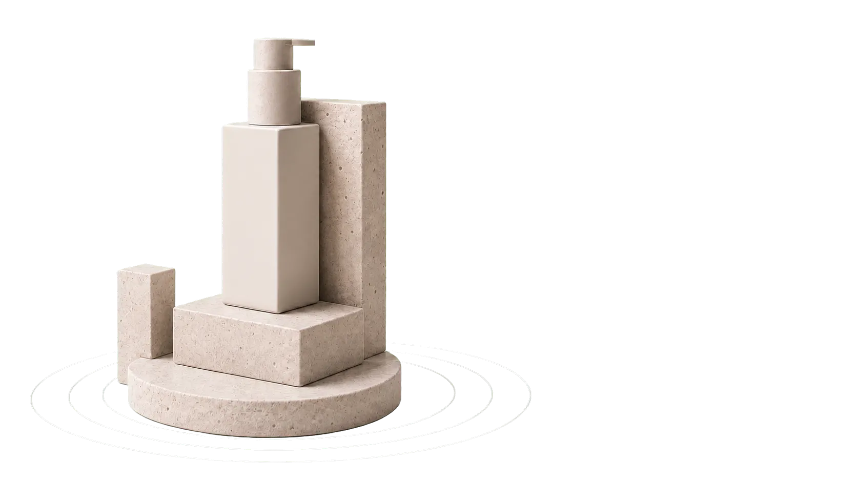 Geometric skincare bottle on architectural limestone plinths