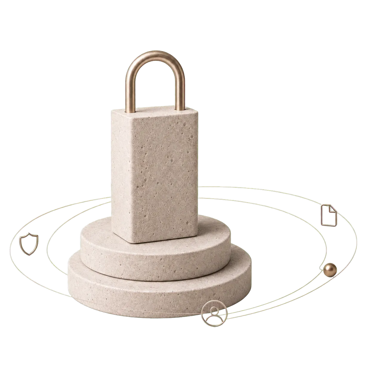 Brushed-metal padlock on stacked limestone plinths