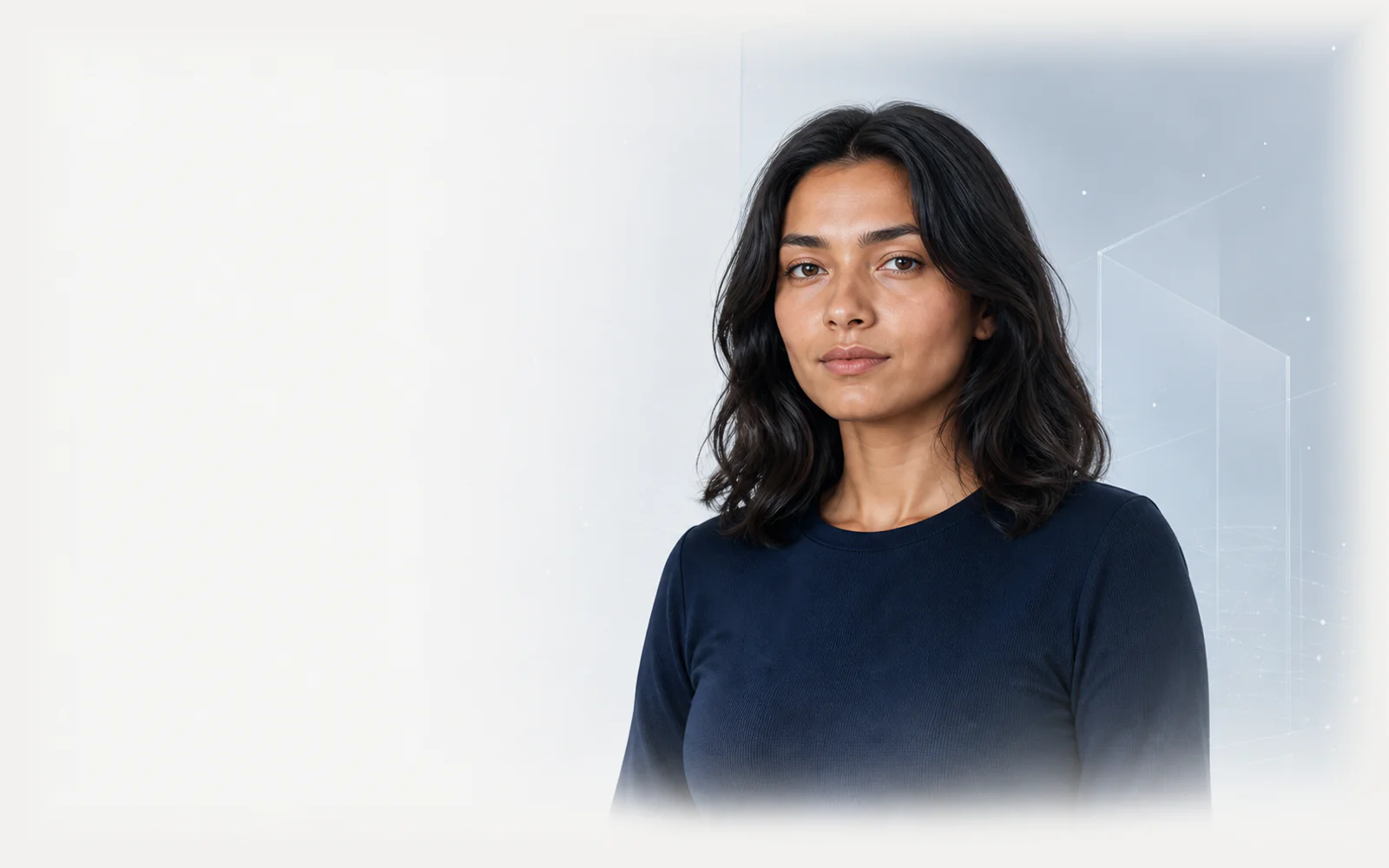 A woman beside external evidence layers representing a skincare label, personal context, routine fit, and saved product history.