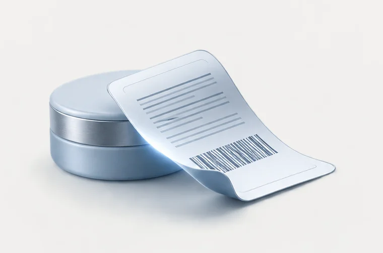 An illustration of a skincare jar beside a long printed ingredient strip.