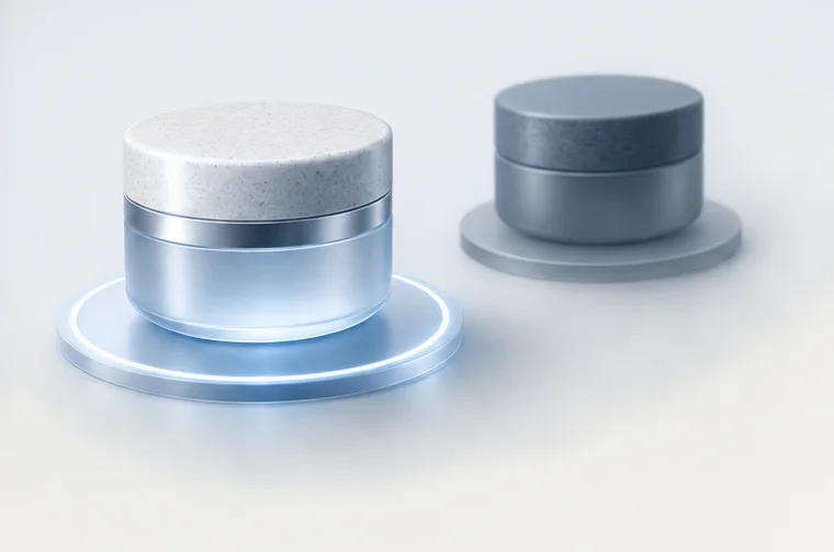 An illustration of two skincare jars, one lit on a raised platform.